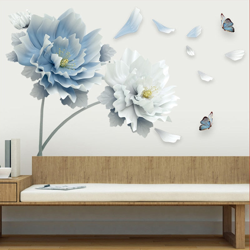 Large White Blue Flower Lotus Butterfly Removable Wall Sticker 3D Wall Art Decals Mural Art for Living Room Bedroom Home Decor