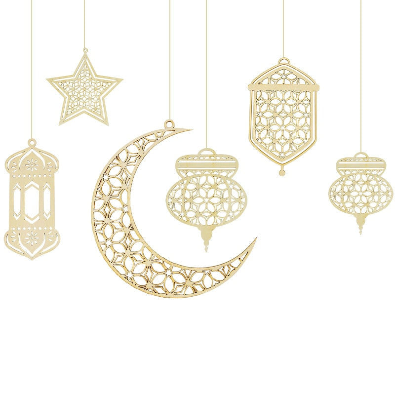 Wooden Crescent Moon Hanging Ornament, Islam Muslim Home Table Decoration.