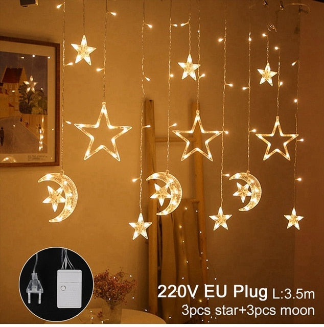 Star Moon Curtain Garland String Light Aid EID Mubarak Ramadan Decoration for Home Arabic Islam Muslim Event Party Supplies 2023