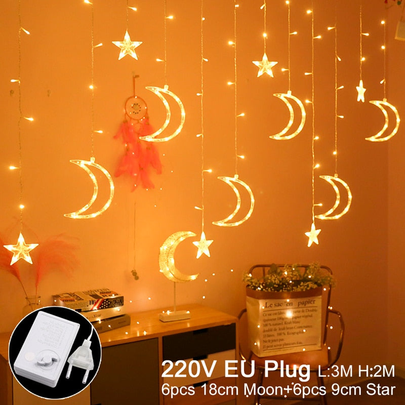 Star Moon Curtain Garland String Light Aid EID Mubarak Ramadan Decoration for Home Arabic Islam Muslim Event Party Supplies 2023