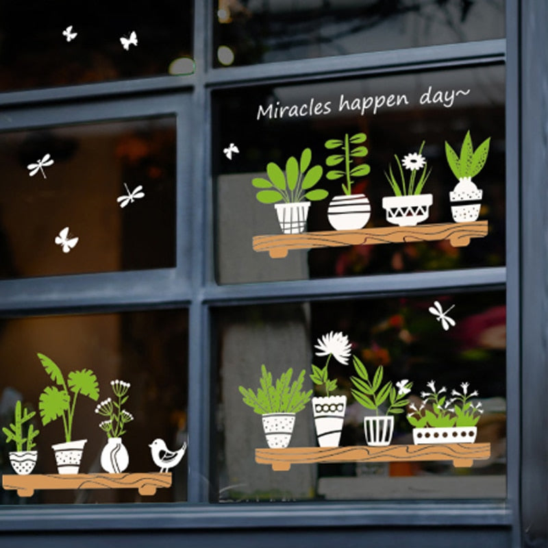 Plant Glass Potted Shop Window Sticker Flower Pot DIY Wall Decals Homen Cafe Decor Waterproof Wallpapers#T2