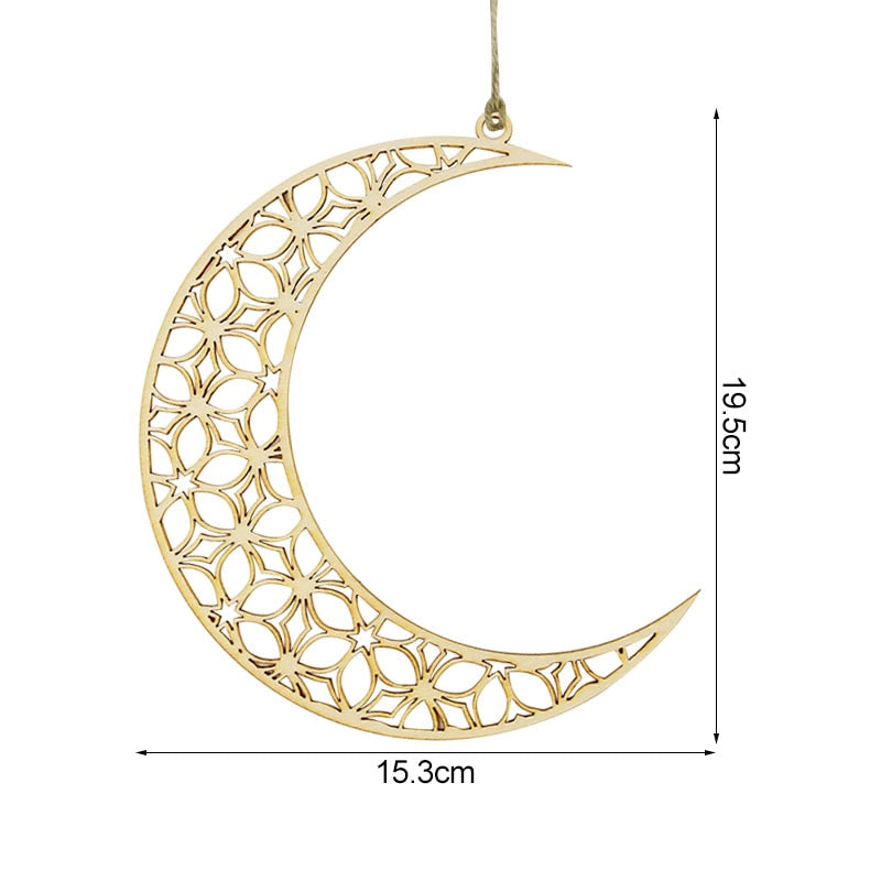 Wooden Crescent Moon Hanging Ornament, Islam Muslim Home Table Decoration.