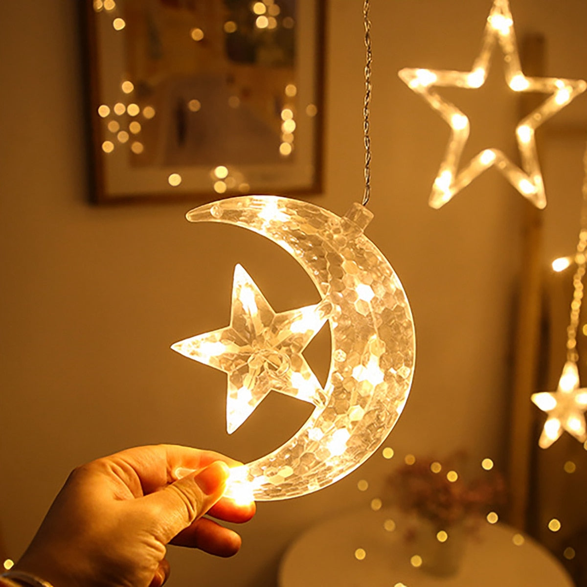 Star Moon Curtain Garland String Light Aid EID Mubarak Ramadan Decoration for Home Arabic Islam Muslim Event Party Supplies 2023