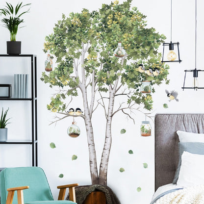 Big Tree Birch Wall Stickers, Green Leaves Wall Decals.