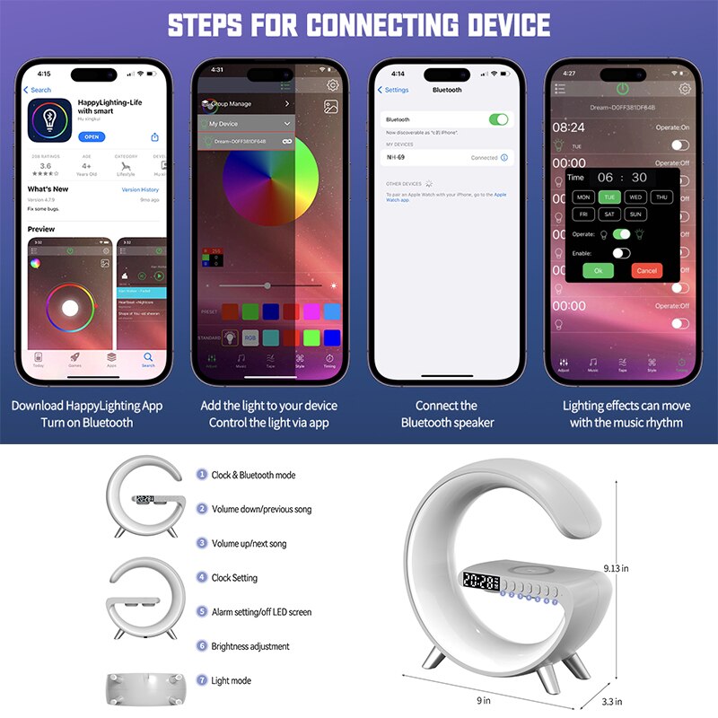 Multifunctional Alarm Clock RGB Night Light 15W Wireless Charger Speaker APP Bluetooth Control Station for Iphone 11 12 13 14