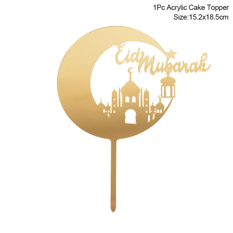 Golden Eid Mubarak Acrylic Cake Toppers Castle Moon CupCake Topper for Ramadan Islamic Muslim Festival Party Cake DIY Decoration