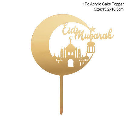 Golden Eid Mubarak Acrylic Cake Toppers Castle Moon CupCake Topper for Ramadan Islamic Muslim Festival Party Cake DIY Decoration