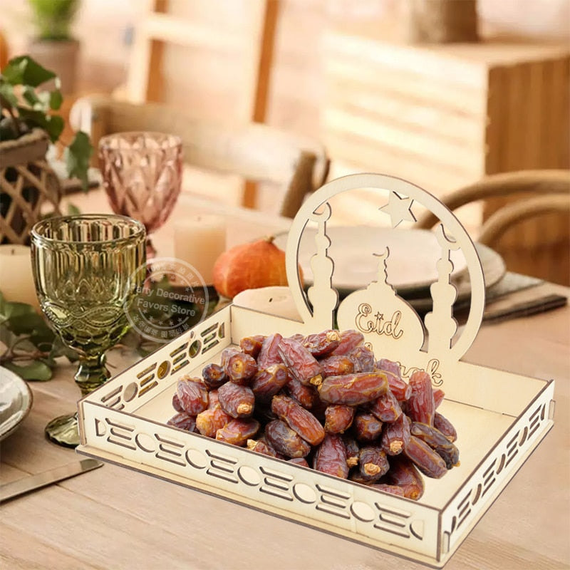 Wooden Eid Mubarak Food Tray, Eid Decoration For Home, Muslim Party Supplies