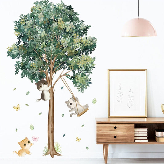 Big Tree Birch Wall Stickers, Green Leaves Wall Decals.