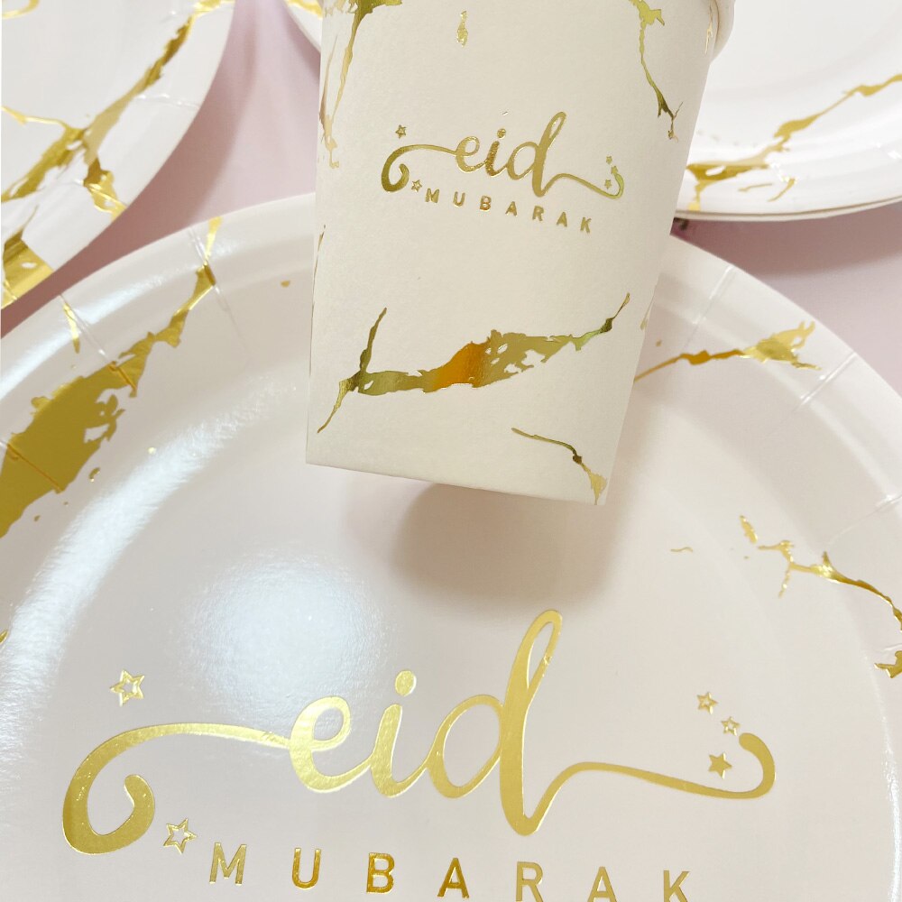 Ramadan Decoration 2023 Eid Mubarak Home Decor Gold White Black Paper Plates Cups Eid Al-Fitr Decoration Supplies