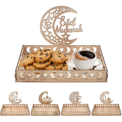 Wooden Eid Mubarak Food Tray, Eid Decoration For Home, Muslim Party Supplies