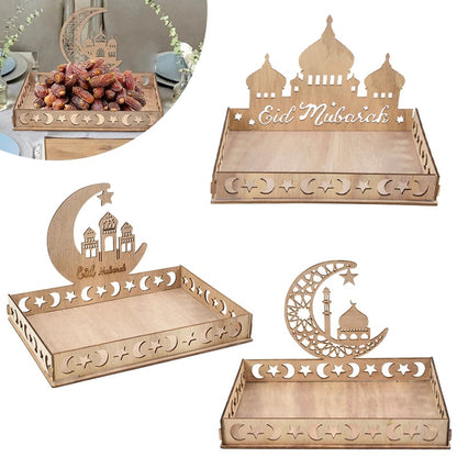 Wooden Eid Mubarak Food Tray, Eid Decoration For Home, Muslim Party Supplies