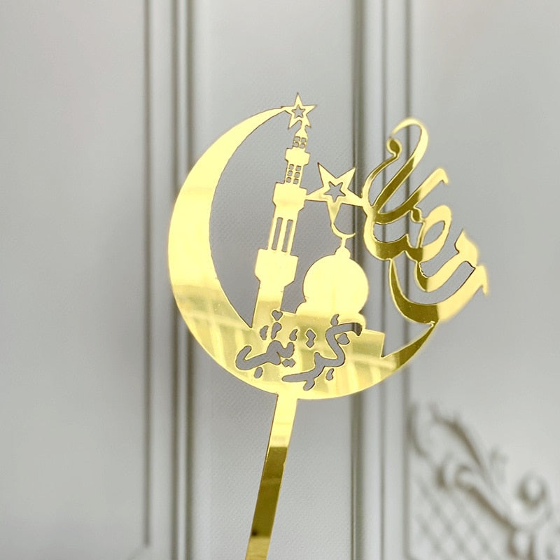 Golden Eid Mubarak Acrylic Cake Toppers Castle Moon CupCake Topper for Ramadan Islamic Muslim Festival Party Cake DIY Decoration