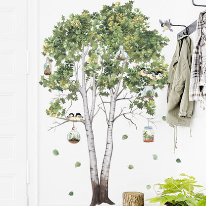 Big Tree Birch Wall Stickers, Green Leaves Wall Decals.