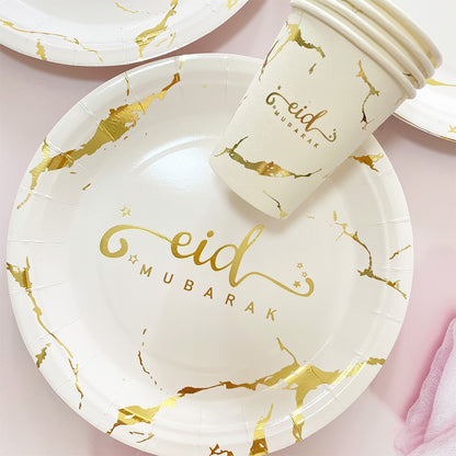 Ramadan Decoration 2023 Eid Mubarak Home Decor Gold White Black Paper Plates Cups Eid Al-Fitr Decoration Supplies