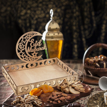 Wooden Eid Mubarak Food Tray, Eid Decoration For Home, Muslim Party Supplies