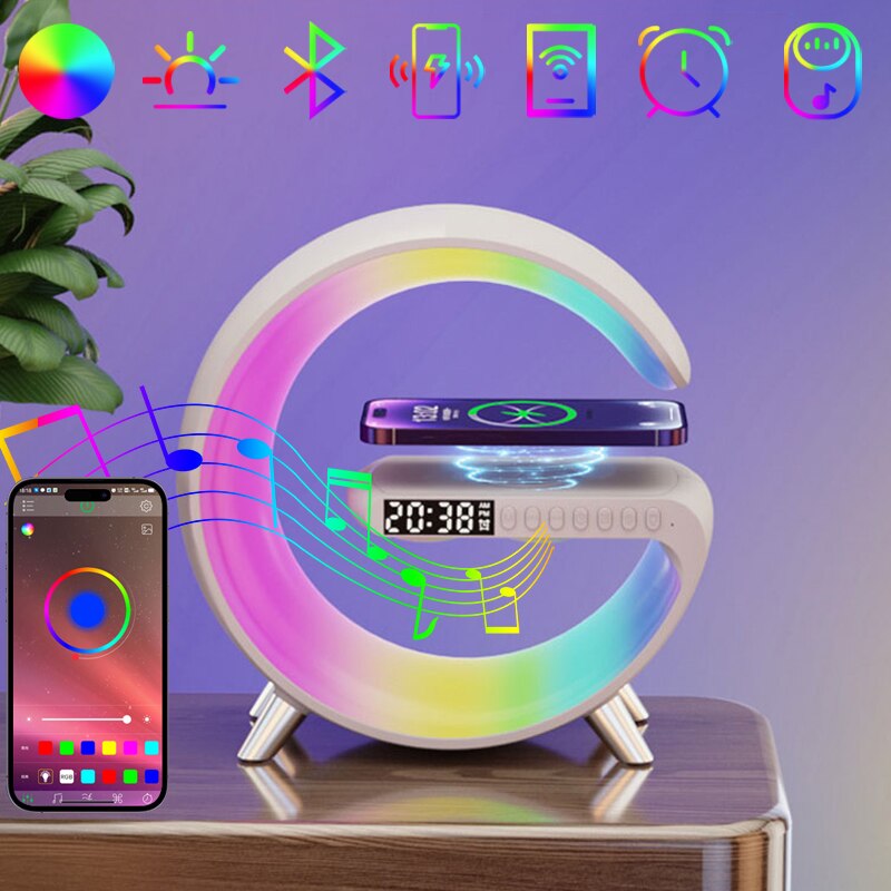 Multifunctional Alarm Clock RGB Night Light 15W Wireless Charger Speaker APP Bluetooth Control Station for Iphone 11 12 13 14