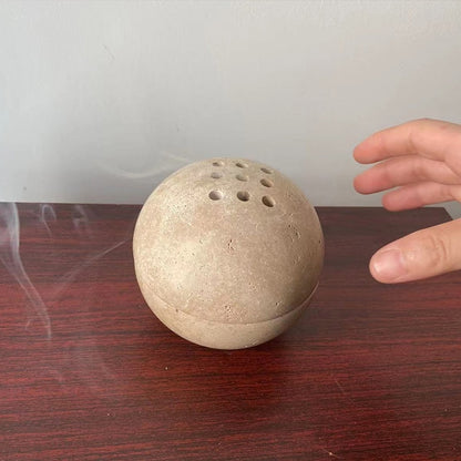 Natural Marble Cave Hole Spherical Incense Burner Yellow Travertine Stone Living Room Desktop Craft Ornament Home Decoration