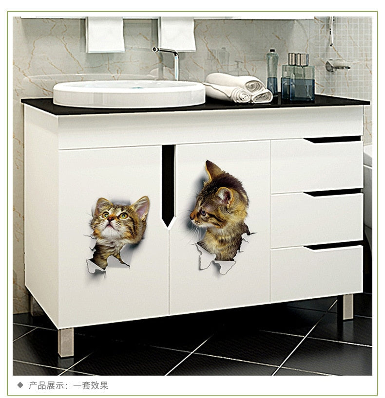 Newest Home Decor Cats 3D Wall Stickers Hole View Toilet Sticker Cat Home Decoration PVC Wall Decals Removable Art Wallpapers