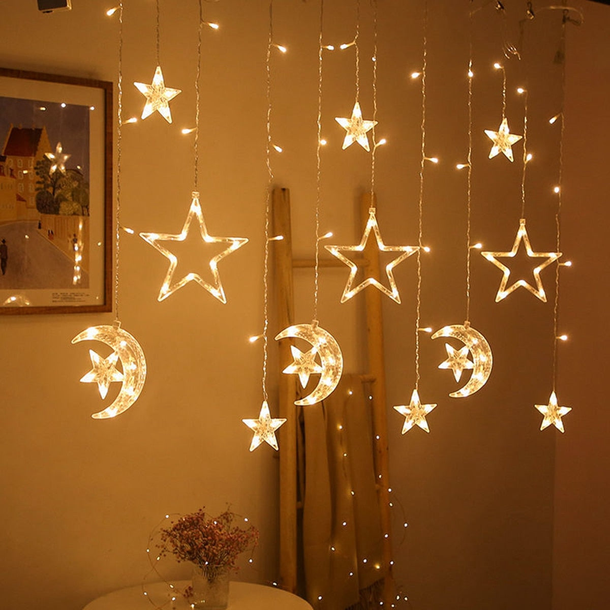 Star Moon Curtain Garland String Light Aid EID Mubarak Ramadan Decoration for Home Arabic Islam Muslim Event Party Supplies 2023