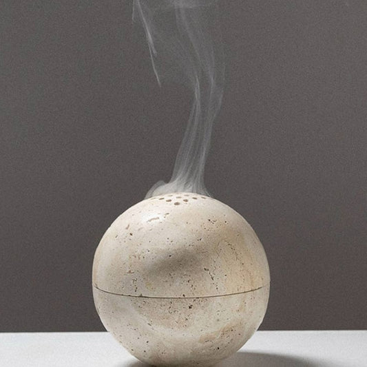 Natural Marble Cave Hole Spherical Incense Burner Yellow Travertine Stone Living Room Desktop Craft Ornament Home Decoration