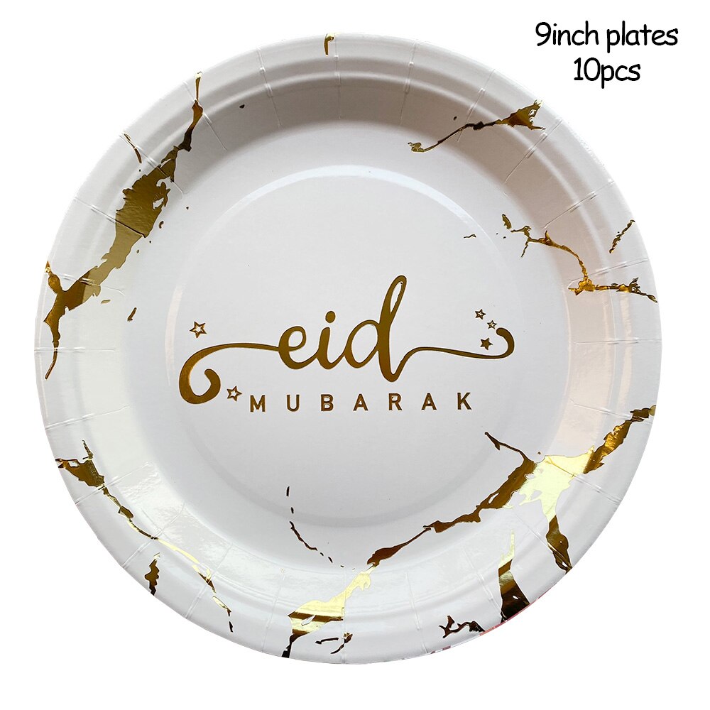 Ramadan Decoration 2023 Eid Mubarak Home Decor Gold White Black Paper Plates Cups Eid Al-Fitr Decoration Supplies