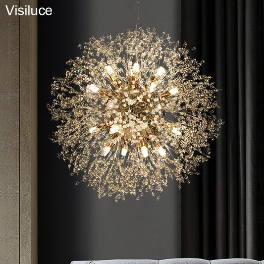 Luxury Round Modern Crystal Dandelion Chandelier Lighting Pendant Lamp For Living Room Dining Room Shop Bar Home Decoration