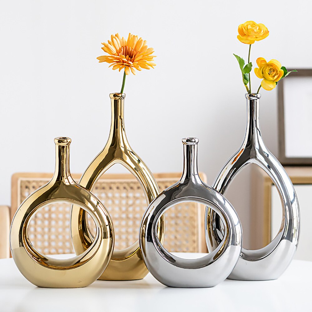 Modern Golden Silver Ceramic Vase For Flowers,Nordic Home Living Room Bedroom Decor,Wedding Party Table Decoration Ornaments