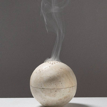 Natural Marble Cave Hole Spherical Incense Burner Yellow Travertine Stone Living Room Desktop Craft Ornament Home Decoration