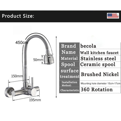 Stainless Steel Wall Mounted Kitchen Faucet Wall Kitchen Mixers Kitchen Sink Tap 360 Degree Swivel Flexible Hose Double Holes