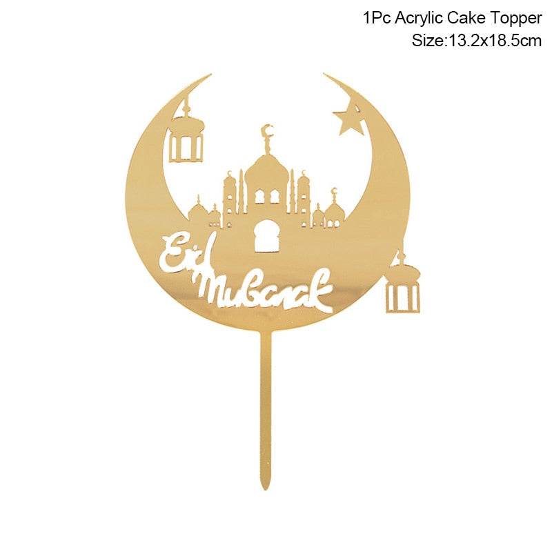 Golden Eid Mubarak Acrylic Cake Toppers Castle Moon CupCake Topper for Ramadan Islamic Muslim Festival Party Cake DIY Decoration