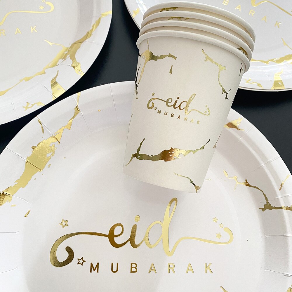 Ramadan Decoration 2023 Eid Mubarak Home Decor Gold White Black Paper Plates Cups Eid Al-Fitr Decoration Supplies