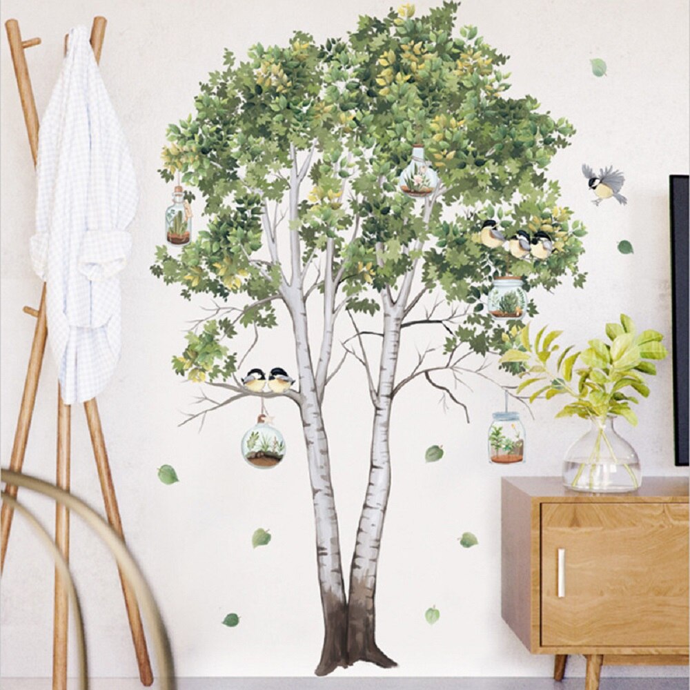 Big Tree Birch Wall Stickers, Green Leaves Wall Decals.