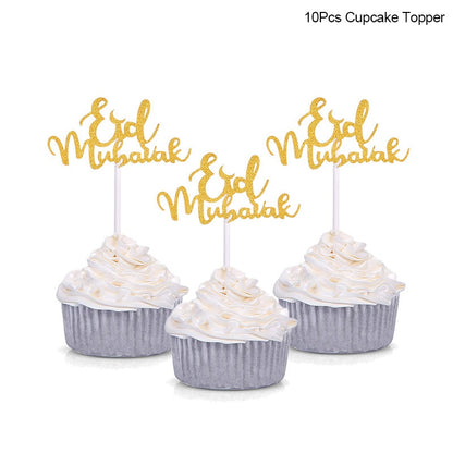 Golden Eid Mubarak Acrylic Cake Toppers Castle Moon CupCake Topper for Ramadan Islamic Muslim Festival Party Cake DIY Decoration