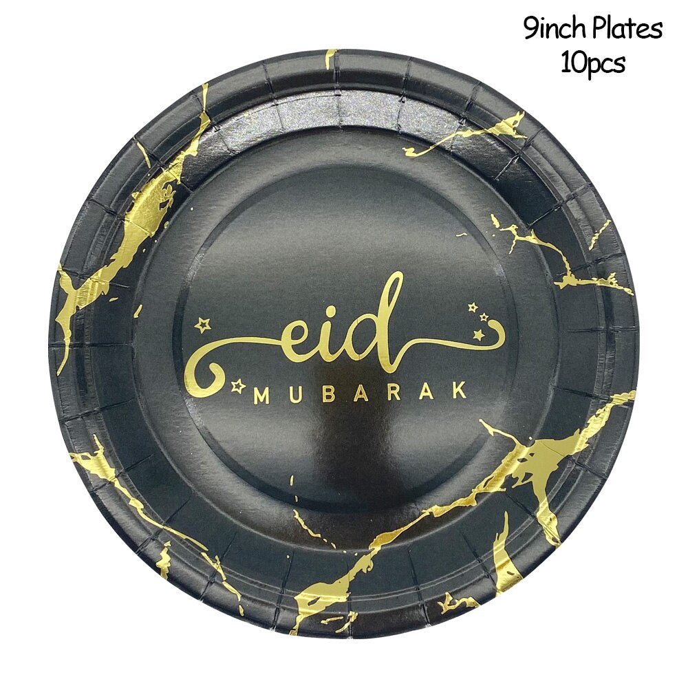 Ramadan Decoration 2023 Eid Mubarak Home Decor Gold White Black Paper Plates Cups Eid Al-Fitr Decoration Supplies