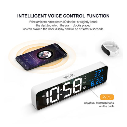 Music LED Digital Alarm Clock Temperature Date Display Desktop Mirror Clocks Home Table Decoration Voice Control 2400mAh Battery