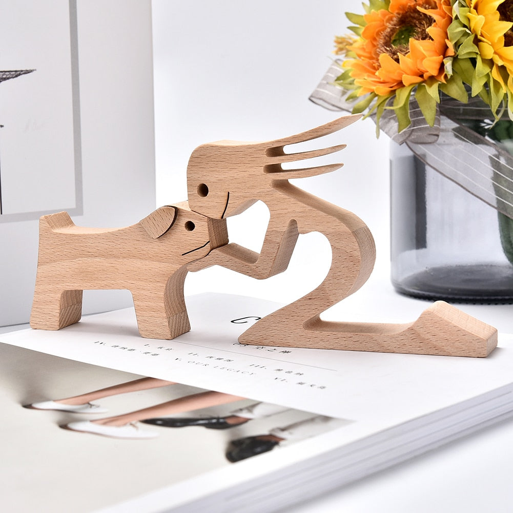 Family Puppy Wood Dog Craft Figurine Desktop Table Ornament Carving Model Home Office Decoration Pet Sculpture Christmas Gift