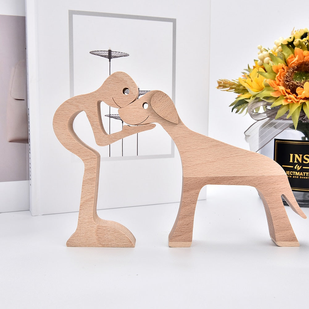 Family Puppy Wood Dog Craft Figurine Desktop Table Ornament Carving Model Home Office Decoration Pet Sculpture Christmas Gift