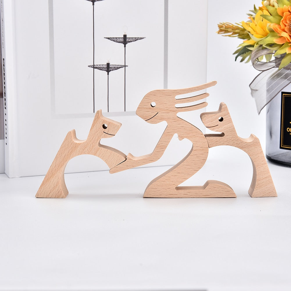 Family Puppy Wood Dog Craft Figurine Desktop Table Ornament Carving Model Home Office Decoration Pet Sculpture Christmas Gift