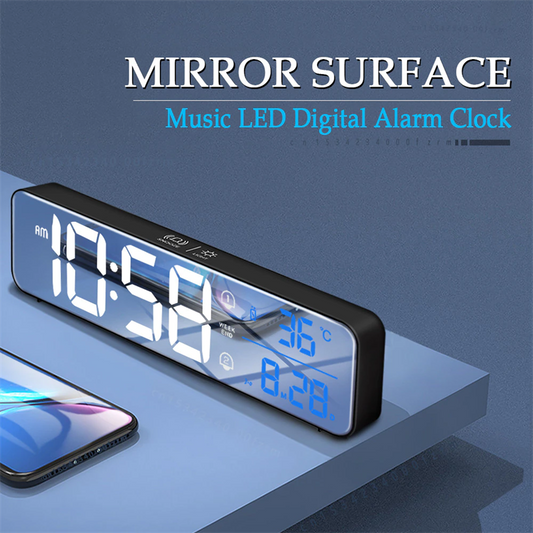 Music LED Digital Alarm Clock Temperature Date Display Desktop Mirror Clocks Home Table Decoration Voice Control 2400mAh Battery