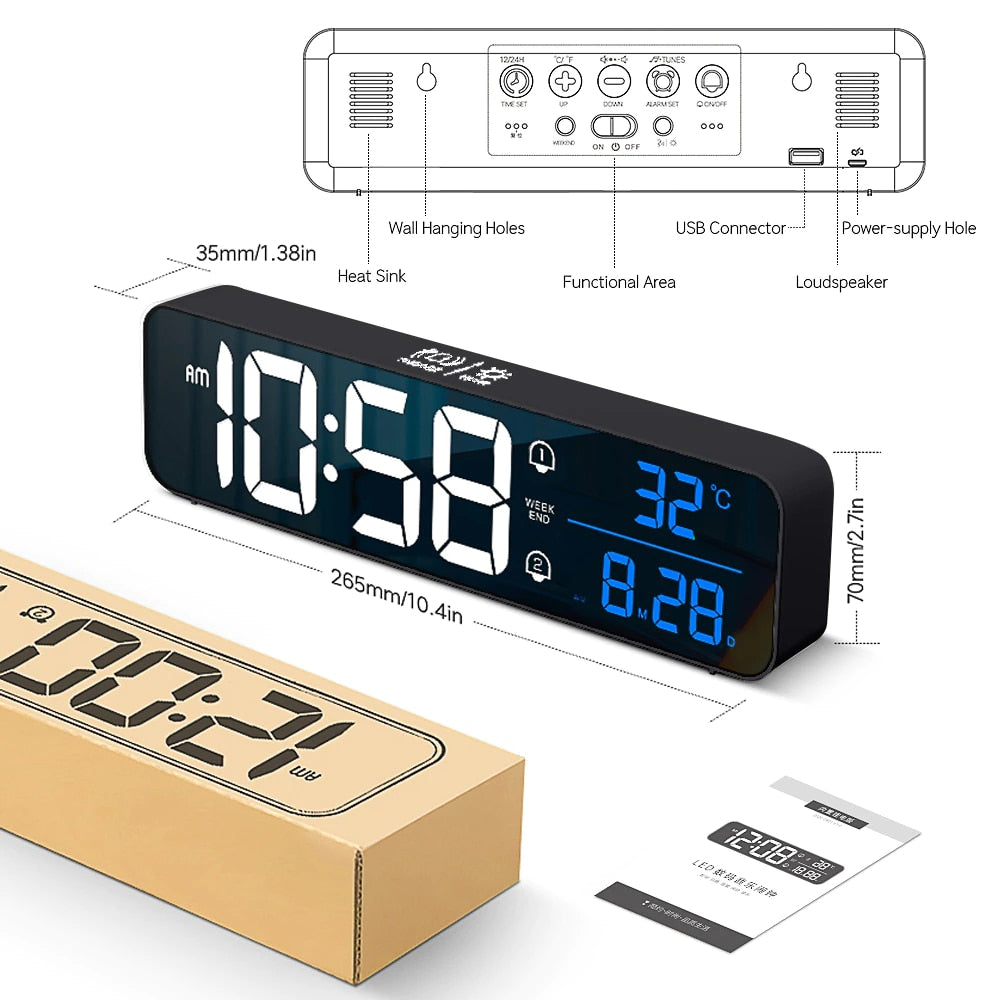 Music LED Digital Alarm Clock Temperature Date Display Desktop Mirror Clocks Home Table Decoration Voice Control 2400mAh Battery