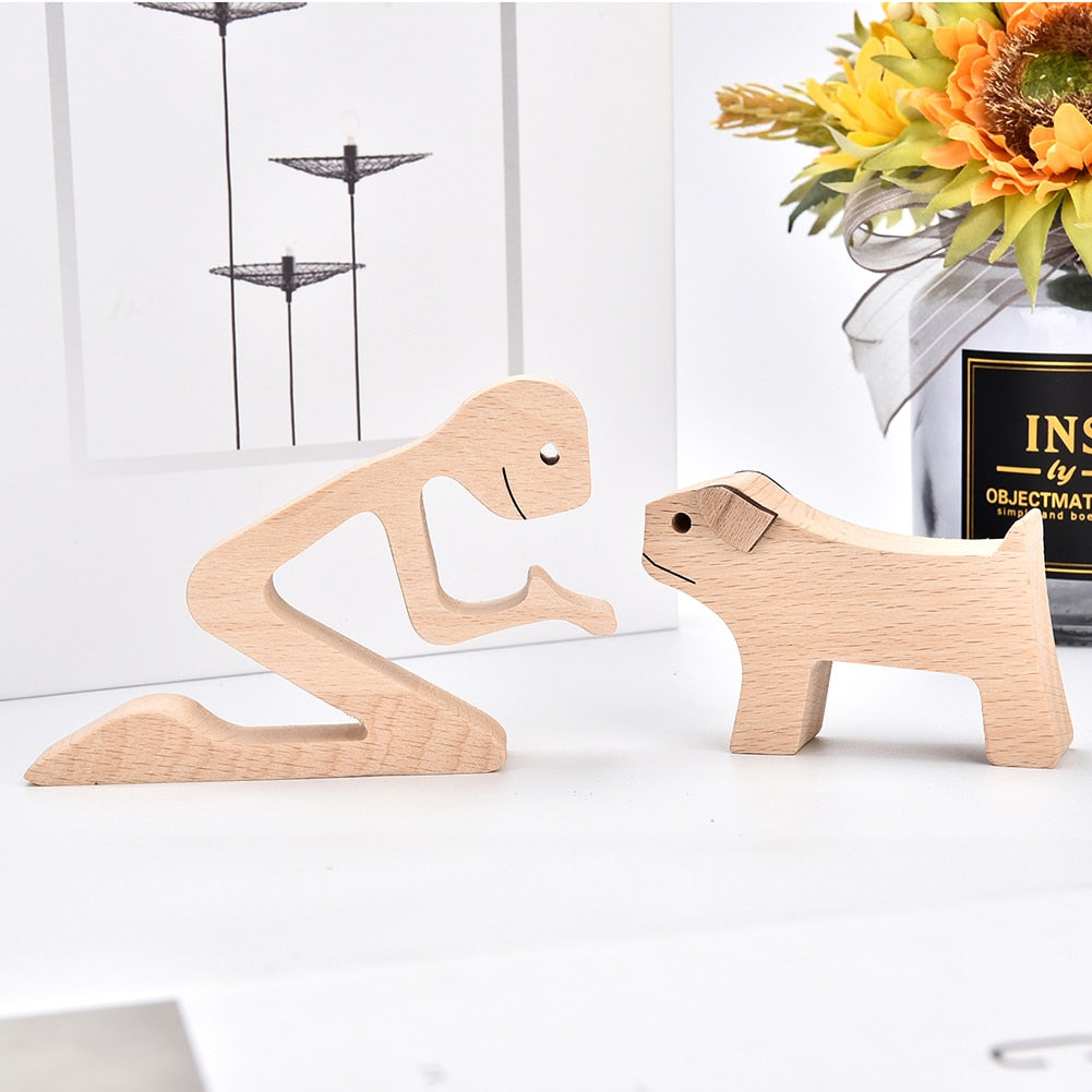 Family Puppy Wood Dog Craft Figurine Desktop Table Ornament Carving Model Home Office Decoration Pet Sculpture Christmas Gift